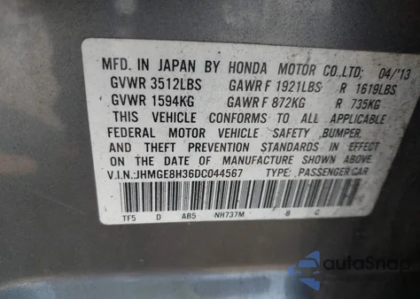 2013 Honda Fit from USA, damaged, VIN JHMGE8H36DC044567